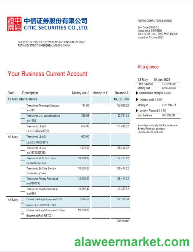 Citic Securities bank firm account statement Word and PDF template